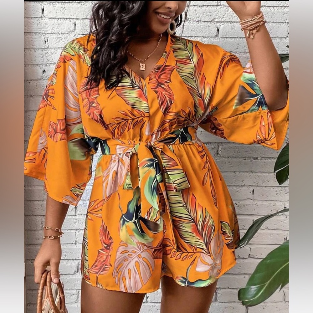 Women’s Lightweight Short Set One Piece Orange Romper with pockets